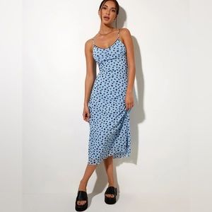 Motel Cotina midi dress size L light mint with flower buds in black velvet flock